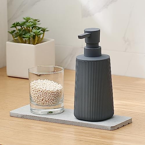 Image of Small Soap Dispenser for Bathroom and Kitchen, Modern Farmhouse Striped Style Plastic Hand Soap Dish Soap Dispenser with Pump Matte Gray