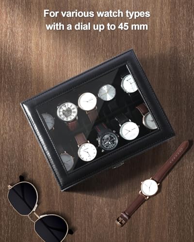 Image of Uten Watch Box 10 Slots, Watch Box for Men, Watch Display Case, Watch Storage Box with Removable Cushion, Metal Clasp, PU Leather, Black