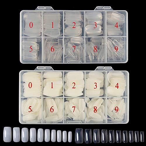 Coffin Nail Tips, 1000 pcs Full Cover Acrylic Style Artificial False Nail Tips & Box (Clear+natural 2) …