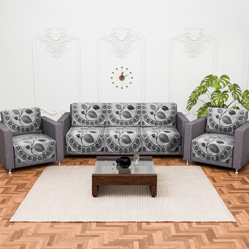 Image of Kuber Industries Cottonblend (Set of 10) 5 Seater Sofa Cover for Living Room | Durable & Stylish Sofa Slipcover Protector for Home, Living Room & Office | Leaf Desgin -Black