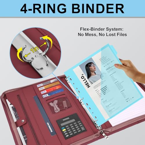 Image of Eshow Portfolio Organizer - 3 Ring Binder with Zipper, Vegan Leather Business Padfolio Folder with Notepad Includes 5 Color Sheet Protectors for Documents Files for Men Women
