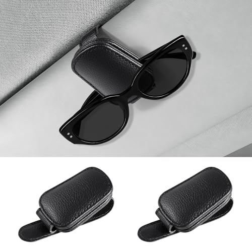 Tobfit Sunglass Holder for Car Sun Visor Magnetic Leather Eyeglass Hanger Clip Universal Car Visor Accessories for Sunglasses & Glasses Secure Holder for Men & Women (Black)