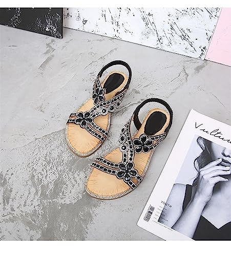 AYGJKIE Women's Flat Sandals Beaded Flower Sparkly Rhinestone Flat Elastic Sandals Bohemian Beaded Strap Sandals Diamante Rhinestone Leather Sandals4