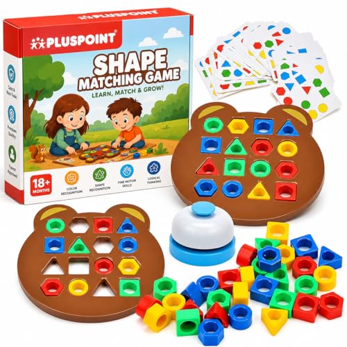 Image of PLUSPOINT Shape Matching Puzzle Game for Kids | 30 Question Cards,32 Colorful Shapes,2 Bear Boards & Bell | Educational STEM Toy for 3+ Years |Montessori Learning Toy for Shape & Color Recognition