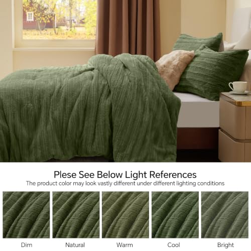 Image of BEDELITE Faux Fur Queen Comforter Set, Fluffy Bed Set, Olive Green | Super Soft & Warm, Luxury Fuzzy Cozy Comforter for Winter, Heavy Plush Bed set, with 2 Pillowcases