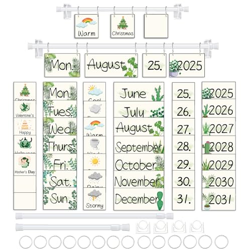 EggSun 96 Cards Classroom Bulletin Board Decorations Set for Teachers,Flip Calendar with Holder for Classroom,Adjustable Calendar,Preschool Elementary Home Decor Supplies（Boho Greenery Plant）