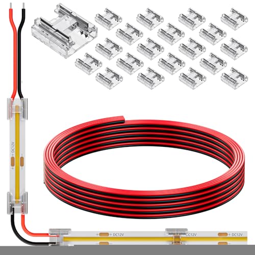 KOMIGANLED COB 0.31in (8mm) 2 pin Connector Kit 20pcs Transparent Connector 1pcs 6.6ft (200cm) Long 20AWG Extension Wires for Non-Wired Gapless Solderless