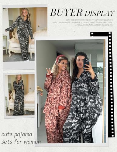 Image of Arssm Satin Pajama Set for Women Silk Pajamas Set 2 Piece Floral Pj Set Long Sleeve Button Down Pjs Sleepwear