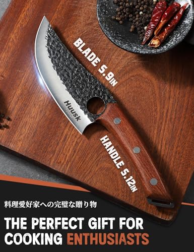 Image of Huusk Viking Knife, Japanese Butcher Knife for Meat Cutting, Hand Forged Boning Knives with Ergonomic Wood Handle, High Carbon Steel Japanese Chef Knifes for Camping, BBQ, Fathers' Day Gift for Dad