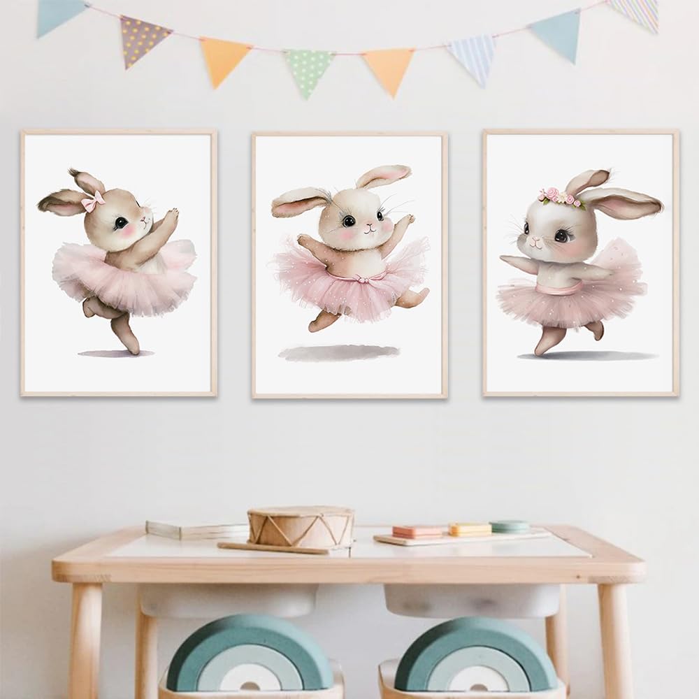 3 Laminas de Conejitos 30X40CM Cuadros Niños Habitacion Infantil Poster Rosa Ballet Lienzo Habitacion Bebe Laminas Animales Bebe Rosa Cuadros de Conejos Poster Habitacion Niña sin Marco