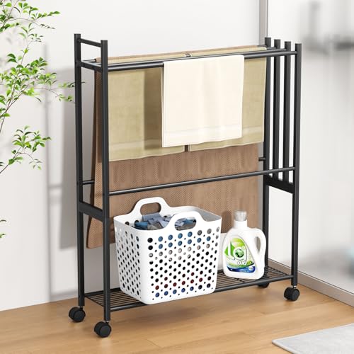 TTWO タオルスタンド バスタオルハンガー 物干しラック 置き型 キャスター付き スリム 横から掛けられる 底棚付き タオルラック タオルかけワゴン 大判サイズタオル バスマット掛け 浴室 洗面所 風呂場 隙間 賃貸 室内用・屋外用 幅67.5×奥行17