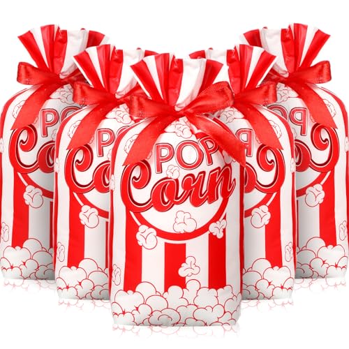 Image of 50 Pcs Popcorn Plastic Bags Circus Carnival Party Goodie Bags Bulk Movie Night Popcorn Container for Carnival Movie Night Theater Halloween Party Supplies (Red)