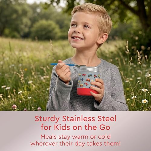 Image of Bentgo Kids Stainless Steel Leak-Proof Food Jar for Hot or Cold Food | 11 fl oz Double Insulated Container with Removable Silicone Bumper, Dishwasher Safe, Easy Open Lid, Ages 3+ (Trucks)