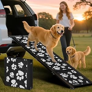 Dog Ramp for Car, Portable Folding Aluminum Pet Ramp with Non-Slip Paw Print Surface. Extra Wide Portable Ramp for Large, Small & Senior Dogs to Get in Cars, SUVs, Trucks & Beds, 71″ Long & 17″ Wide