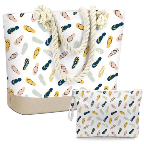 BELLOWDEER Beach Bags for Women, Wet Bag Cosmetic Bag, Pool Waterproof Shoulder Tote Bags, Pocket Zipper Summer Travel Essentials, Gifts for Women Birthday - Flip Flops (2-Piece Set)
