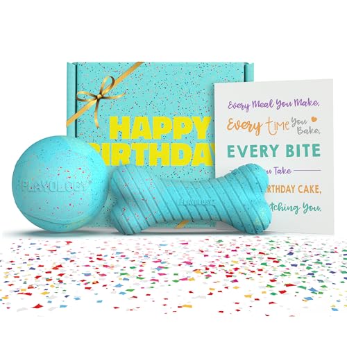 Playology Dog Toys | Birthday Box for Large Dogs | Peanut Butter Birthday Cake Scented Jumbo Gift Bundle | 1 Squeaky Chew Ball 1 Dual Layer Bone & 1 Doggy Bday Card