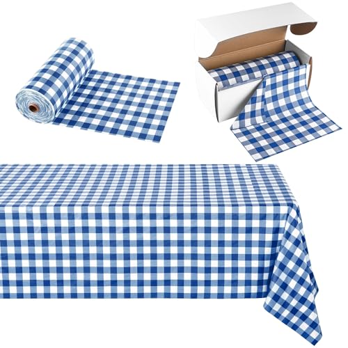 Image of Kochorie 54 Inch x 300 Ft Blue Checkered Plastic Table Cloth Roll Disposable Waterproof Table Cover Plastic Table Cover Roll with Easy Slide Cutter for Outdoor Picnic /Home Dining /Spring Party