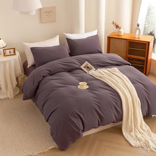Image of ECOCOTT Duvet Cover Set, 100% Washed Cotton Linen-Like Textured Soft & Breathable, Durable Comfy Bedding Set for All Seasons Oversized Queen Size, Lilac Purple