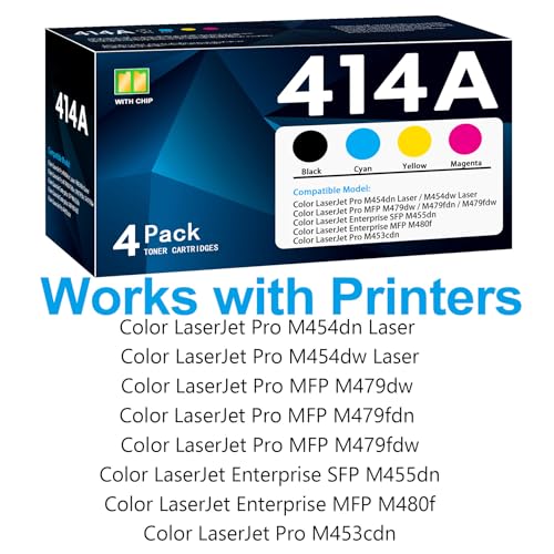 Image of 414A Toner Cartridges 4 Pack with Chip Replacement for 414A 414X Color Pro M454 M479 Series M454dn M454dw M479dw M479fdn M479fdw, Enterprise M455dn M480f M453cdn Printer (BK /C /M /Y)