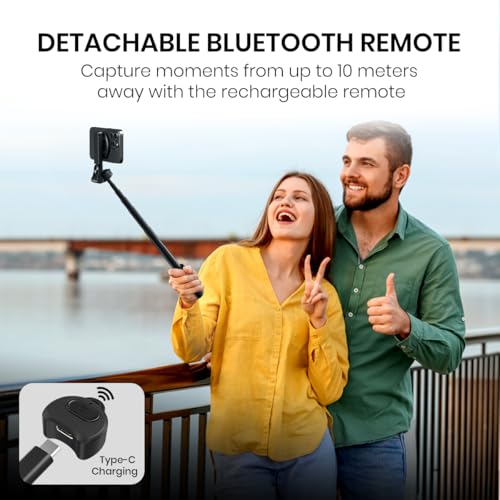 Image of Portronics Lumistick Snap Magnetic Selfie Stick with Quadripod Stand,Detachable Bluetooth Remote, 360 Rotation,Includes Metal Ring, for iPhone&Android, Foldable&Travel-Friendly for Vlogging&Recording