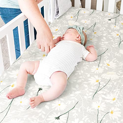 Image of GRSSDER Soft Muslin Crib Sheet 1 Pack, 100% Cotton Crib Sheets for Boys and Girls, Fit Standard Crib Mattresses 52 inch x 28 inch Safe and Snug, Stylish Daisy Print