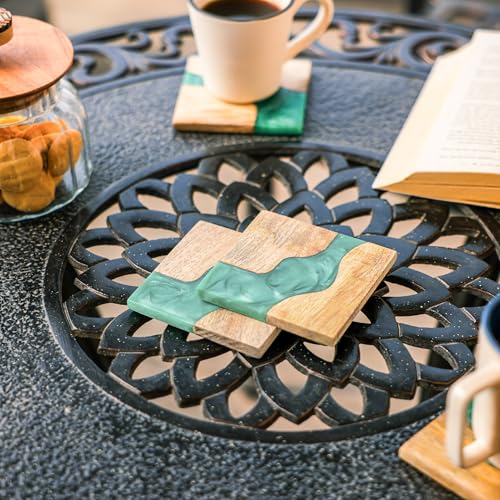 Image of Ireka Home Blue Wave Coasters (Set of 4) - Mango Wood & Turquoise Blue Resin, Coastal Tranquility Design - Elegant Kitchen & Coffee Table Decor for Coffee Cups, Mugs & Glasses