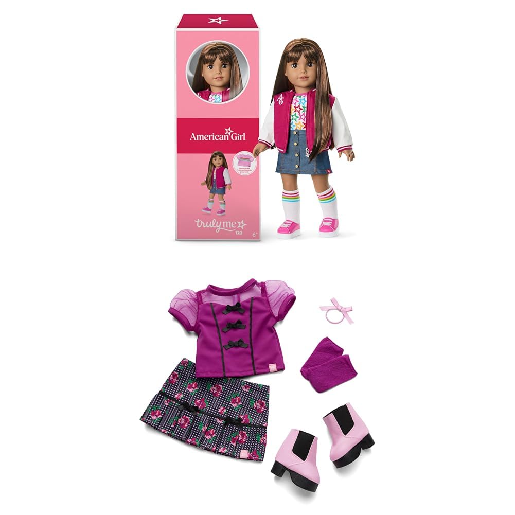 Bundle of American Girl, Truly Me 18-inch Doll #122 with Brown Eyes, Straight Dark-Brown Hair, Tan Skin, for Ages 6+ + Truly Me 18-inch Doll Outfit, Bows &amp; Blooms Outfit, for Ages 6+