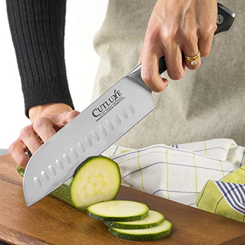 Cutluxe Santoku Knife - 7 Inch Kitchen Knife Forged of High Carbon German Steel - Ergonomic Pakkawood Handle - Full Tang Razor Sharp Blade for Dicing, Mincing and Chopping