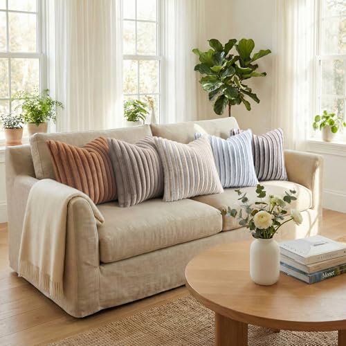 Image of Pallene Faux Fur Plush Lumbar Throw Pillow Covers 12x20 Set of 2, Luxury Soft Fluffy Striped Decorative Pillow Covers for Sofa, Couch, Living Room, Ombre Coffee