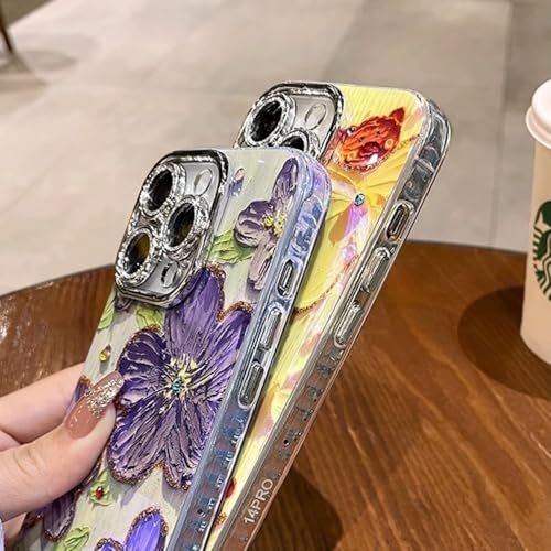 Image of VONZEE Compatible with iPhone 16 Pro Max Case Laser Flower Oil Painting Cute Colorful Blue Ray Bumper with Full Camera Protection Shockproof PC+TPU Glossy Shiny Cover for Girls Women, Purple
