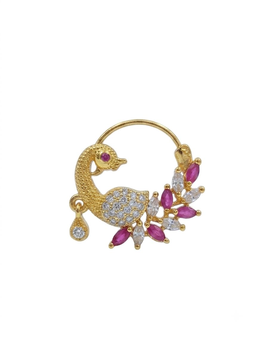 Peacock Nose Ring with Ruby & CZ Stones, Gold-Toned-image-46
