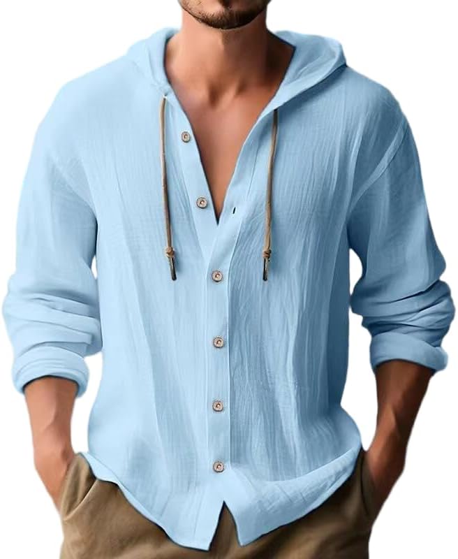 Men's Cotton-Linen Long-Sleeve Button-Down Shirt, Summer Cotton-Linen Hoodie, Long-Sleeve Shirt, Hooded Top