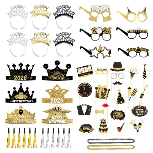 Tangrove New Years Eve Party Supplies 2026 57 PCS Celebration Kit with Headbands Crown Hats Glasses Noise Makers Photo Booth Props & Wristbands Gold Silver Happy New Year Decorations