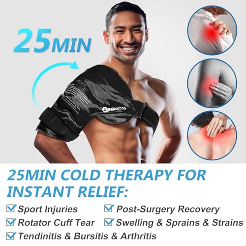 Image of RelaxCoo XL Shoulder Ice Pack Rotator Cuff Cold Therapy, Reusable Gel Ice Wrap for Shoulder Injuries & Pain Relief, Bursitis, Tendonitis, Swelling, Recovery for Man and Women Black