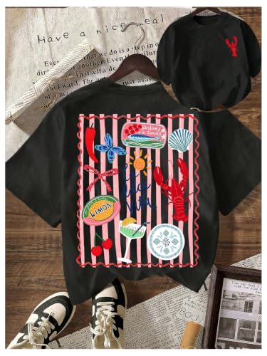 Image of RoseSeek Women's Graphic Letter Tee Crew Neck Trendy Summer Vintage T Shirt