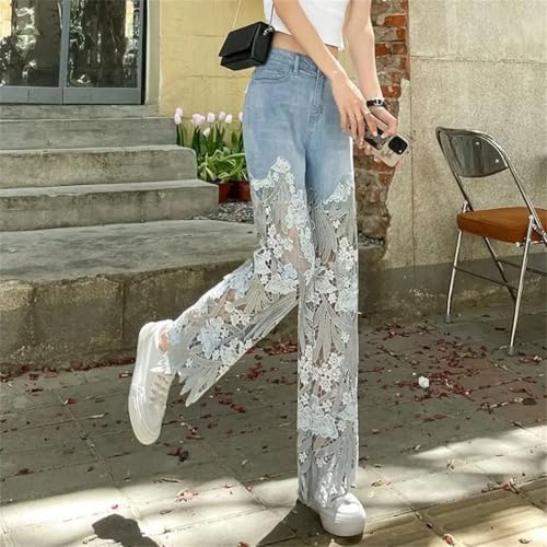 Women's Lace Embroidery Hollow Out Jeans Summer Slim-Fit Straight Denim Long Pants2