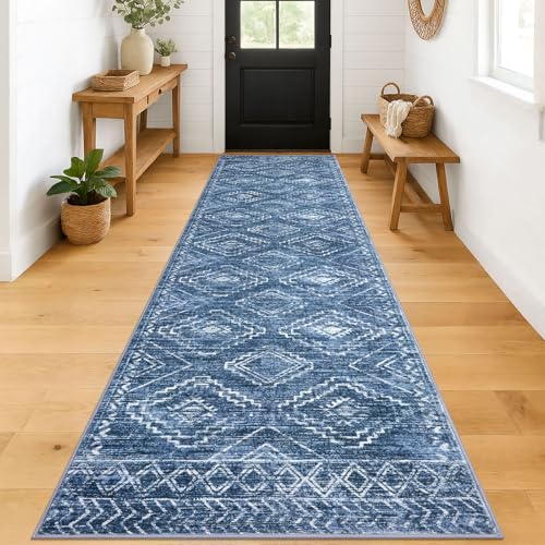 KILOCOCO Hallway Runner Rug 3'x12' Runners for Hallways Washable Runner Rug Soft Non Slip Printed Geometric Runner Low-Pile Rug Runner for Bedroom Kitchen Living Room, Stonewashed Blue