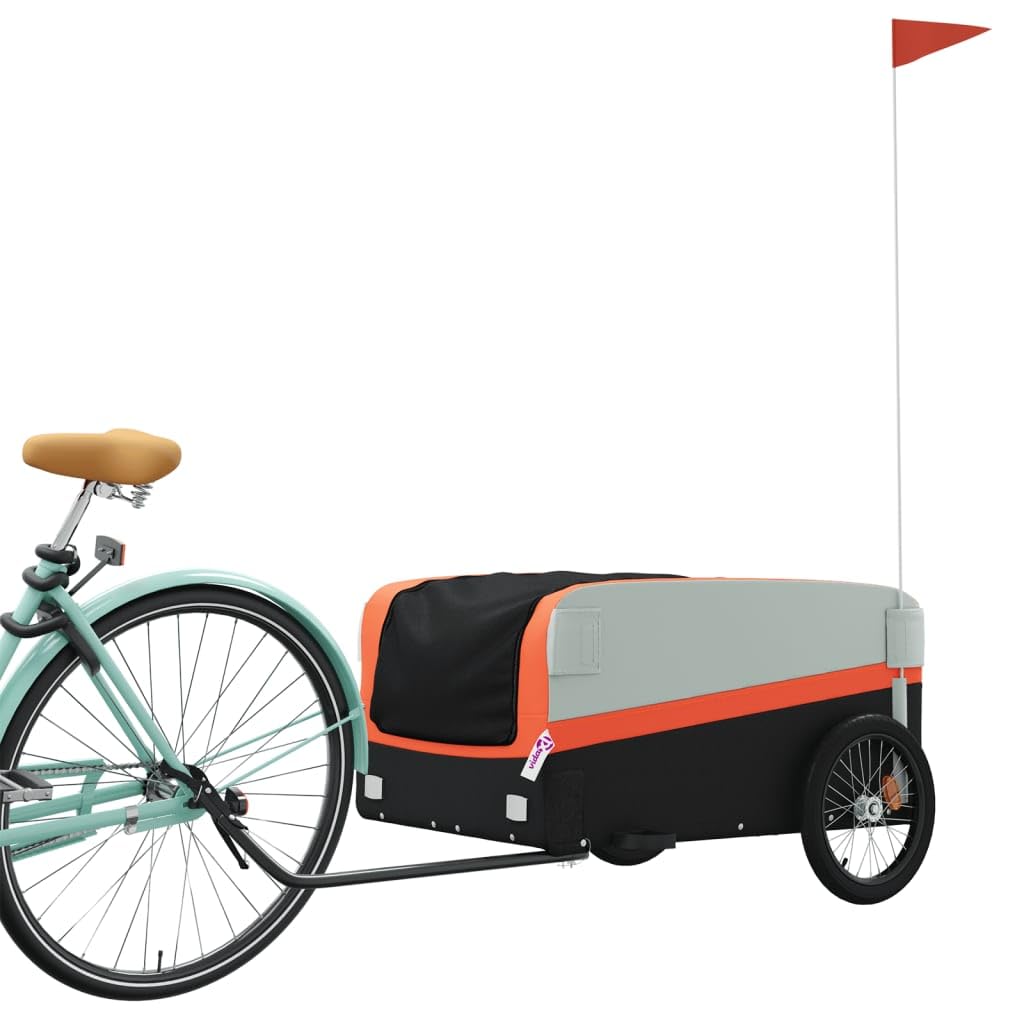 Remolque de bicicleta negro y rojo de hierro con capacidad de carga x 52,5 x 42, barra de tiro, bandera de seguridad para transportar equipaje, carga, perro, niño, camping, vida cotidiana