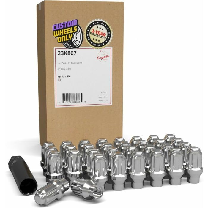 Image of Wheel Accessories Parts 32 Pcs 9 /16 inch-18 Thread ET Bulge Acorn 1.80 inch Long Spline Lug Nuts Chrome Truck Spline Hex Fits 1994-11 Ram 2500 3500 Chevrolet GMC C2500 C3500