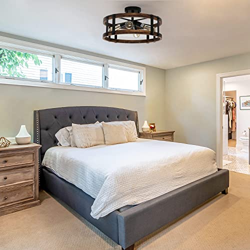 Image of Semi Flush Mount Ceiling Light Fixture, Modern Farmhouse Wood Drum Ceiling Lamp, Rustic Close to Ceiling Lighting for Hallway Entryway Laundry Room Bedroom (Bulb Not Included)