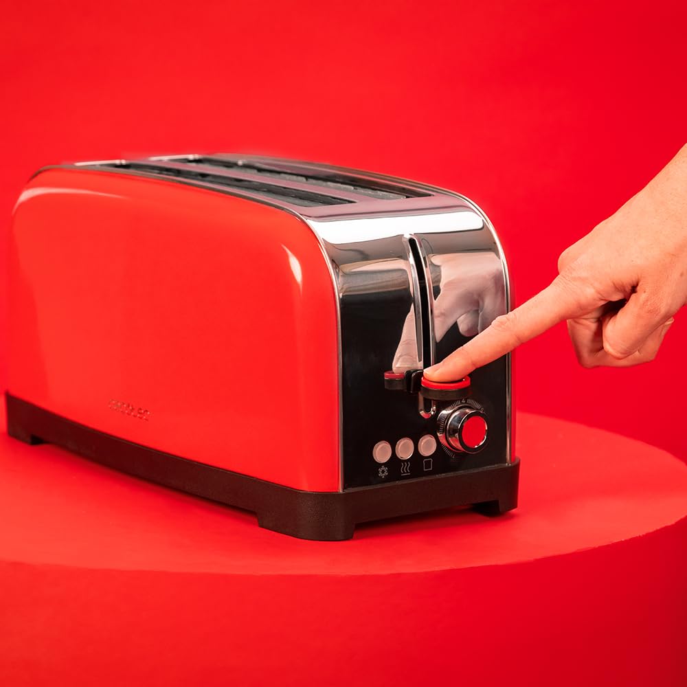 Cecotec Grille-pain Vertical 2 Fentes Longues Toastin' Time 1500 Rouge. 1500 W, 4 Tranches de Pain, Fente Large de 3,8 cm, Support pour Petits Pains et Bac à Miettes, Acier Inoxydable et Rouge