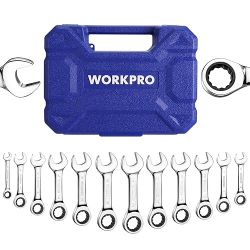 WORKPRO 12-piece Stubby Ratcheting Wrench Set, Metric 8-19mm, 72-Tooth, Cr-V Steel, Small Ratchet Combination Wrenches Set with Premium Storage Case
