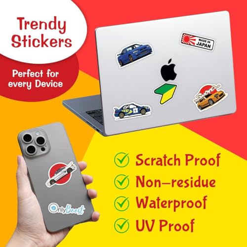 Image of 100+ Pcs JDM Cars Stickers for Laptop, Journal, Bike Helmet, Diary, Guitar, Mobile Case - Waterproof Residue Free Stickers - Racing Cars