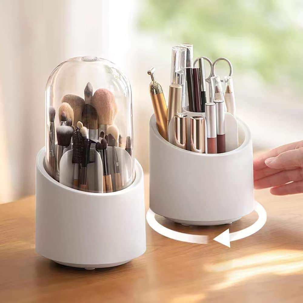 trendyquora 360° rotating makeup brush holder organizer with lid – 7-slot clear dustproof cosmetic brush storage box for vanity & dressing table (multicolor)