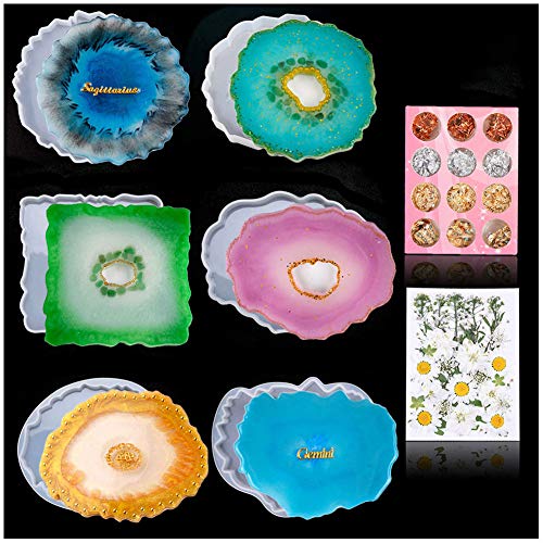 DoreenBow 6pcs Coaster Mold,Resin Mold Coaster with Gold Foil Flakes and Dried Flowers,Epoxy Resin Molds Silicone for Geode Coaster Bowl Home Decoration DIY Resin Craft Making