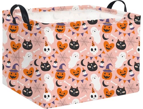 Image of Rectangular Halloween Basket for Boys and Girls Kids Trick or Treat Pumpkin Basket for Halloween Parties Cute Storage Bin Organizer Box Room Decor(Pink Heart Halloween)