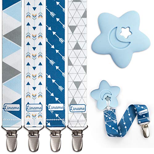 Pacifier Clip with Teething Toy - 4 Pack Pacifier Holder for Boys and Girls - Binky Clips- Universal Pacifier Clips Fits Most Pacifiers, Soothers, Teething Toys and Baby Gifts (Blue, Metal Clips)