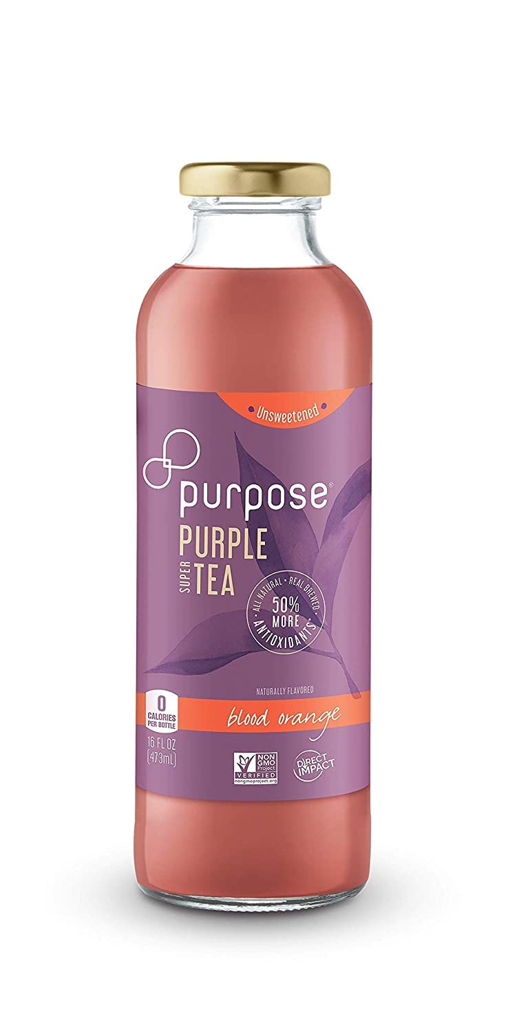 Purpose Tea, Blood Orange - Bottled Iced Tea, All Natural Brewed Organic Purple Leaves, Unsweetened, Pure, Non-GMO, High in Antioxidants and Anthocyanins, Healthy Drinks - 16 oz (Pack of 12)