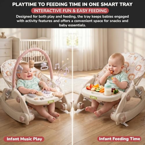 Image of Baybee 8 in 1 Rocker for Babies with Music Toy Bar, Soft Fabric, Food Tray, Tool Free Installation | Multi-Function Push Walker, Ride-On, Play Gym & Rocking Chair | Baby Bouncers & Rockers for 0-3 Years (Beige & Purple)