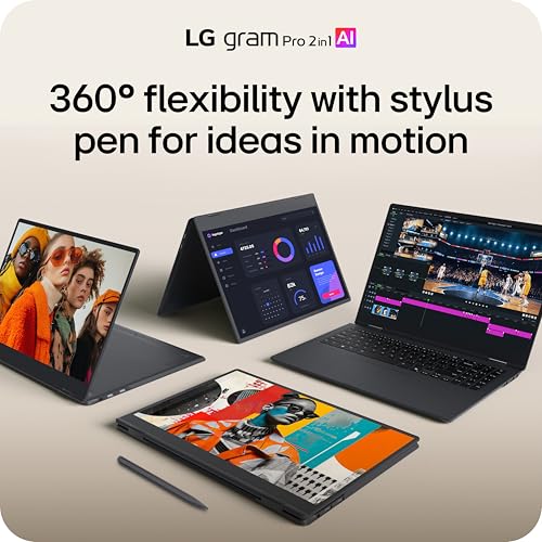 Image of LG gram Pro 2in1 16-inch Thin and Lightweight Dual AI OLED Touchscreen Laptop Computer, Windows 11 Home, Copilot+ PC, Intel Core Ultra 7 255H, 16GB RAM, 1TB SSD, Obsidian Black